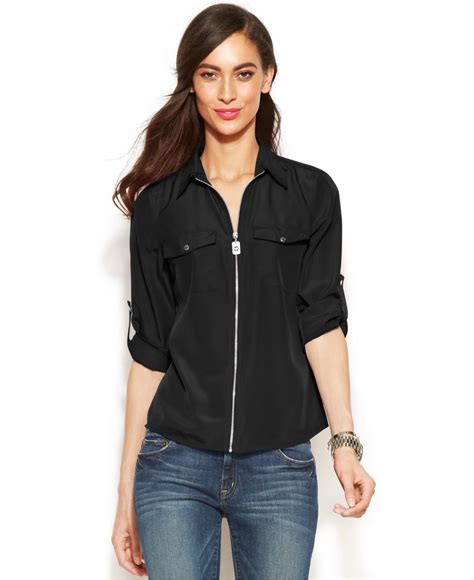 belks michael kors black zipper down blouse roll-up sleeve